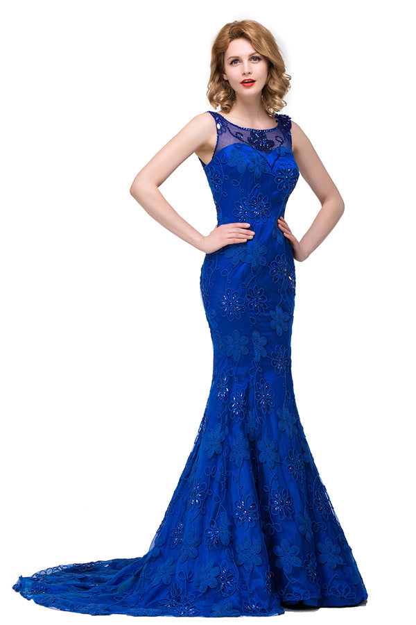 Robe sirène à cristaux, longueur balayage, décolleté bateau