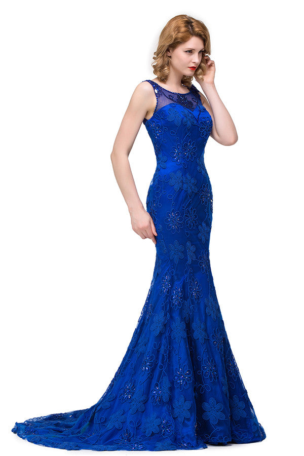 Robe sirène à cristaux, longueur balayage, décolleté bateau