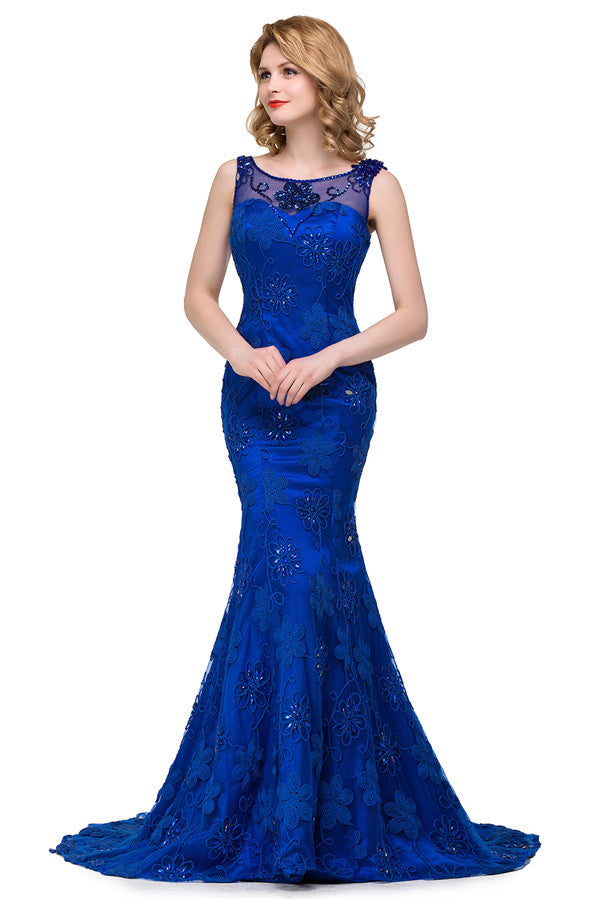Robe sirène à cristaux, longueur balayage, décolleté bateau