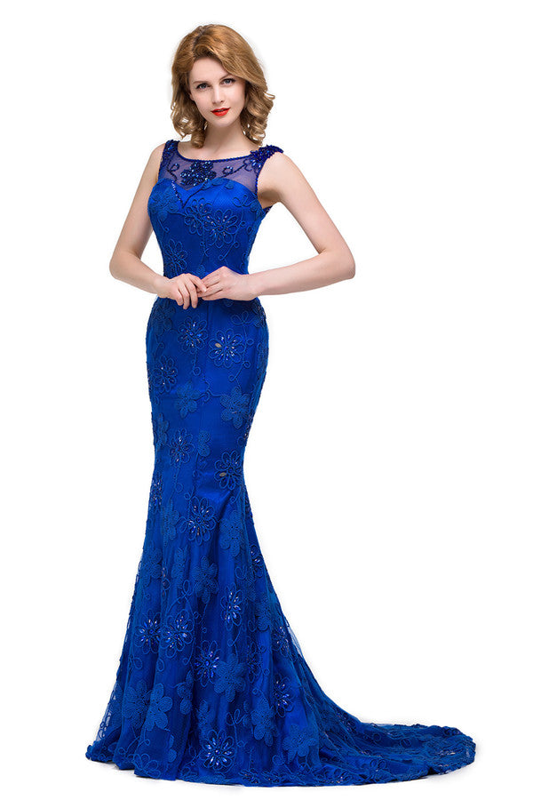 Robe sirène à cristaux, longueur balayage, décolleté bateau