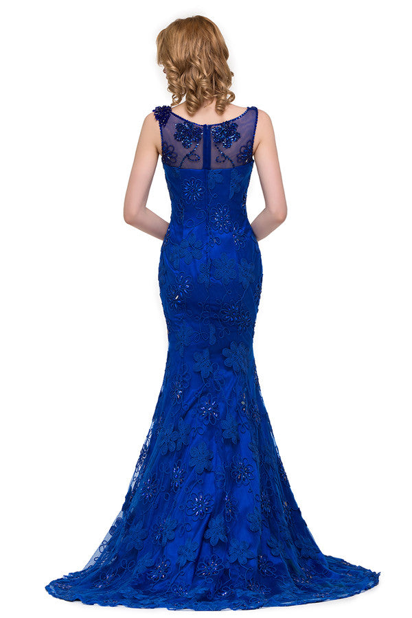 Robe sirène à cristaux, longueur balayage, décolleté bateau