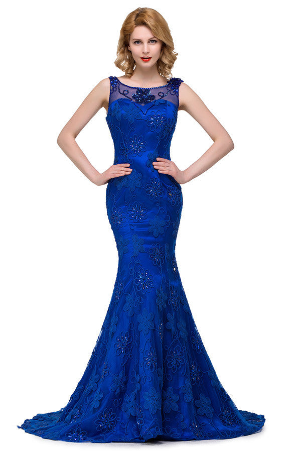 Robe sirène à cristaux, longueur balayage, décolleté bateau