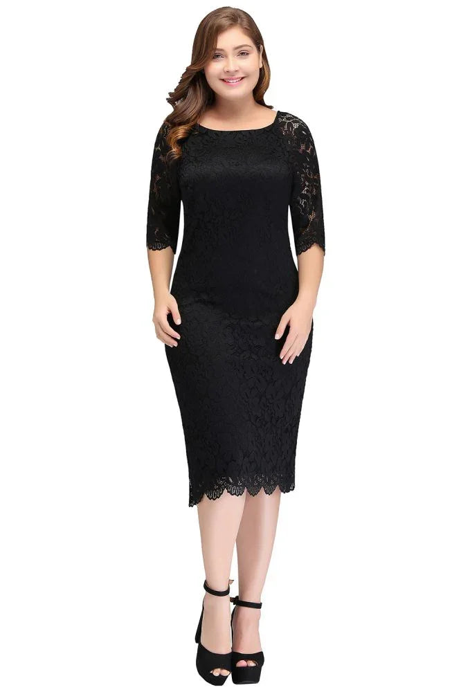 Robe de soirée noire en dentelle, longueur thé, coupe sirène, grande taille, avec manches