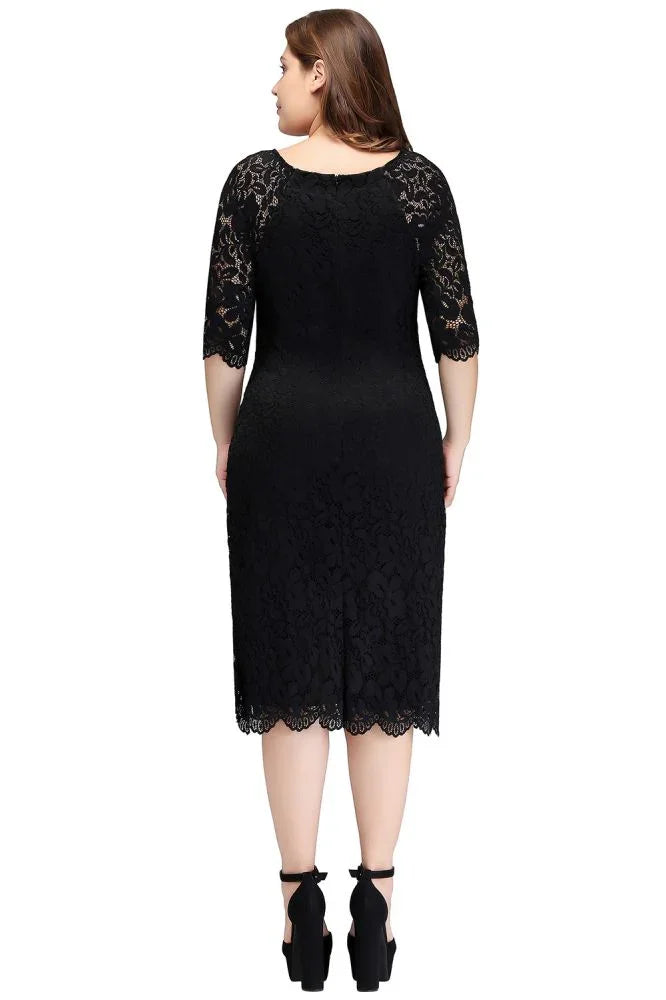 Robe de soirée noire en dentelle, longueur thé, coupe sirène, grande taille, avec manches
