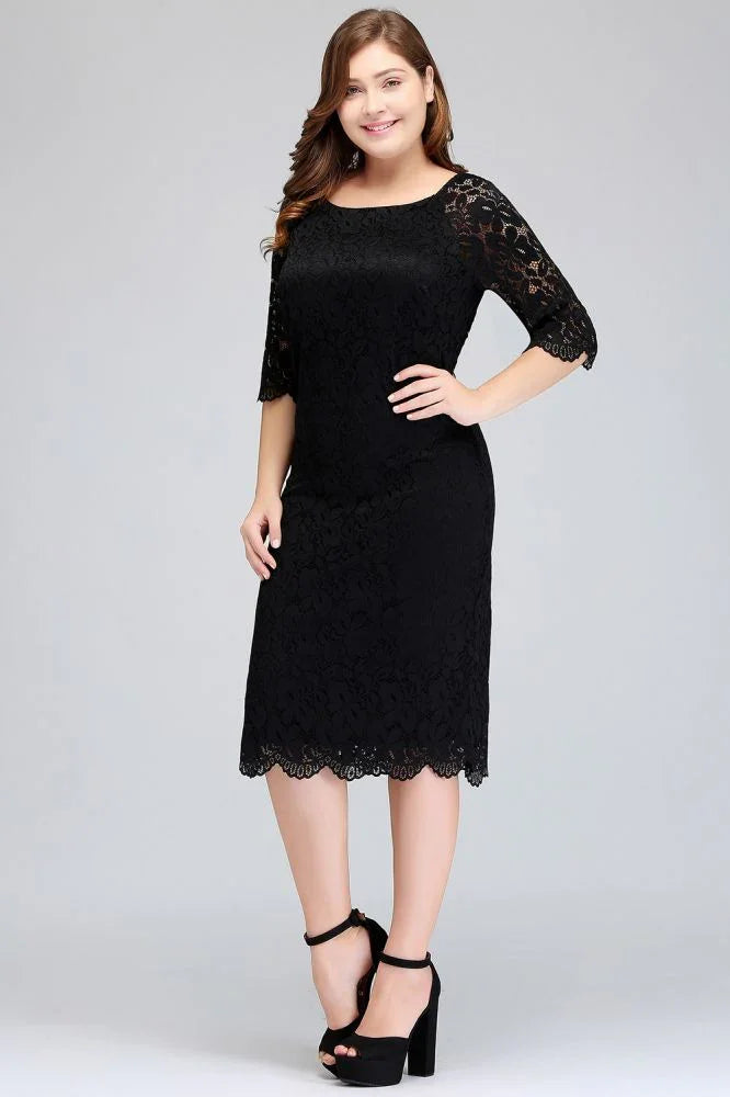 Robe de soirée noire en dentelle, longueur thé, coupe sirène, grande taille, avec manches