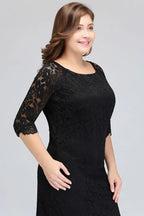 Robe de soirée noire en dentelle, longueur thé, coupe sirène, grande taille, avec manches