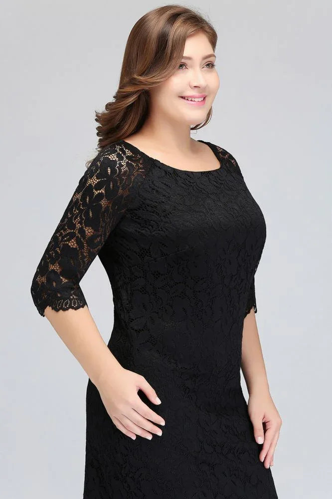 Robe de soirée noire en dentelle, longueur thé, coupe sirène, grande taille, avec manches