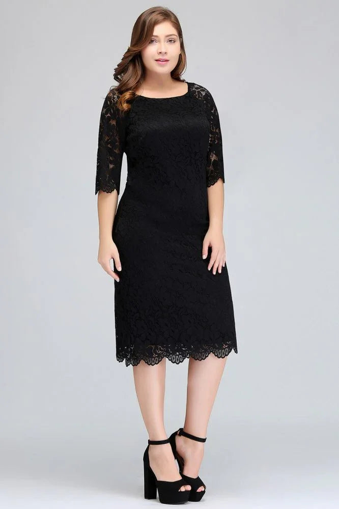 Robe de soirée noire en dentelle, longueur thé, coupe sirène, grande taille, avec manches