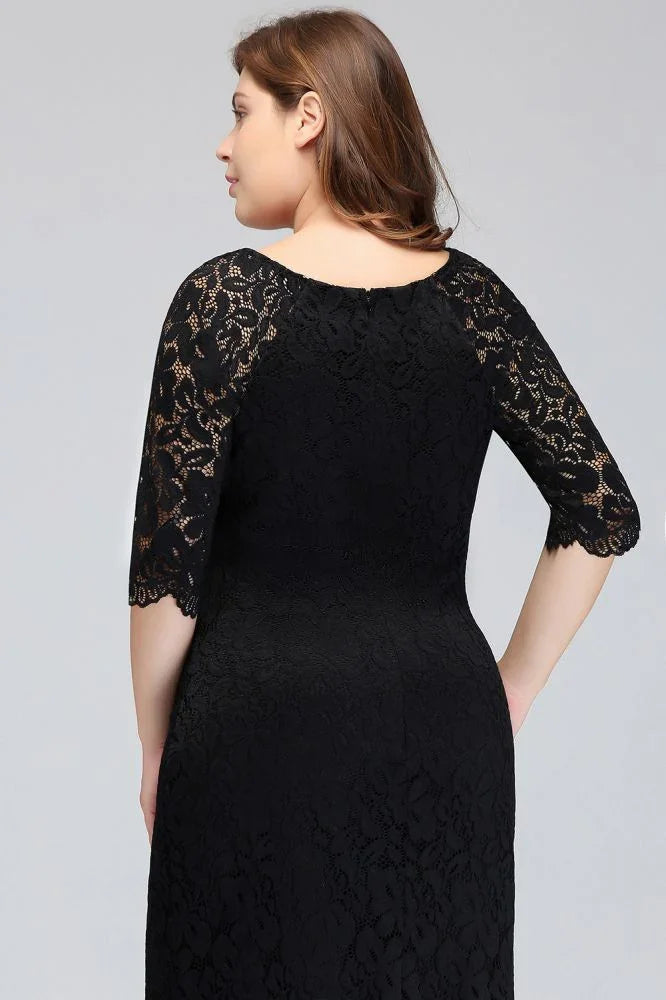 Robe de soirée noire en dentelle, longueur thé, coupe sirène, grande taille, avec manches