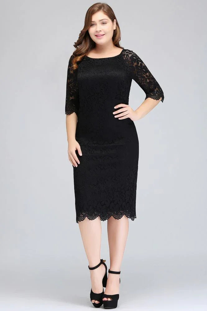 Robe de soirée noire en dentelle, longueur thé, coupe sirène, grande taille, avec manches