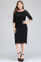 Robe de soirée noire en dentelle, longueur thé, coupe sirène, grande taille, avec manches