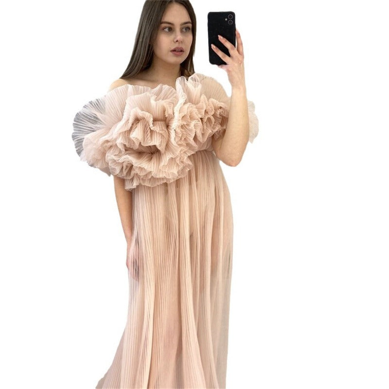 One-shoulder wrinkle perspective tulle pregnant women off-the-shoulder short-sleeved pregnant women photo evening dress