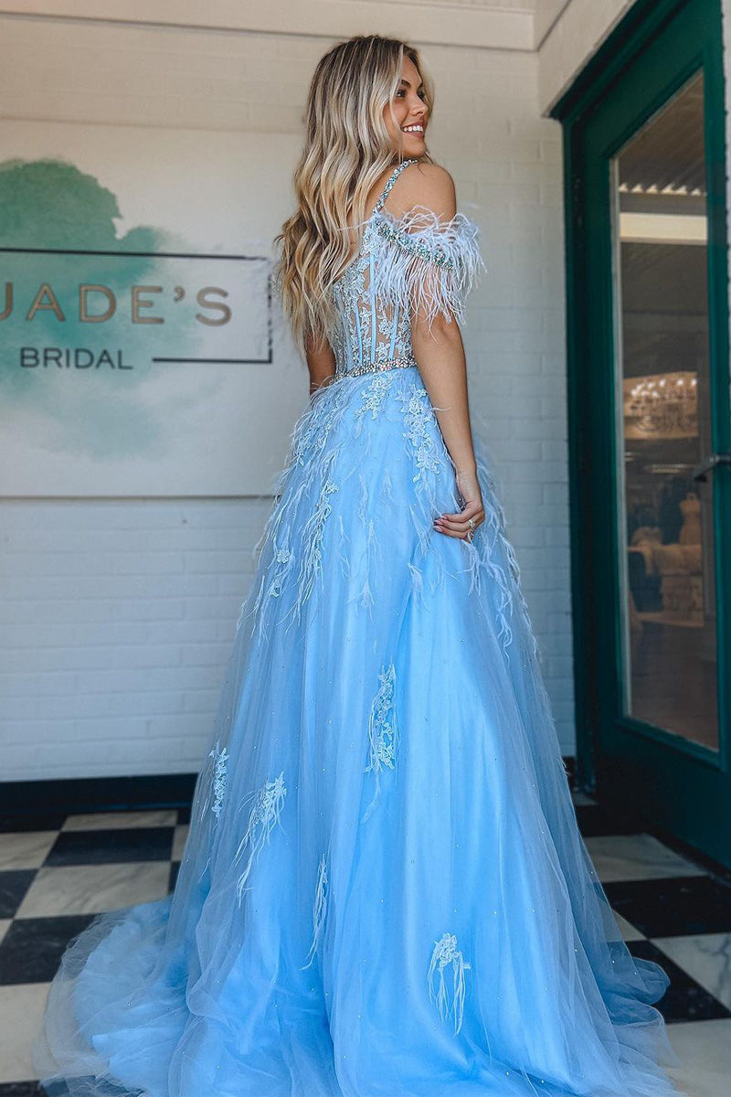 Abito da sera in tulle con scollo a V, pizzo, perline e piume