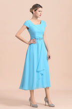BMbridal Blue Short Sleeves Chiffon Mother of the Bride Dress Tea-Length Online