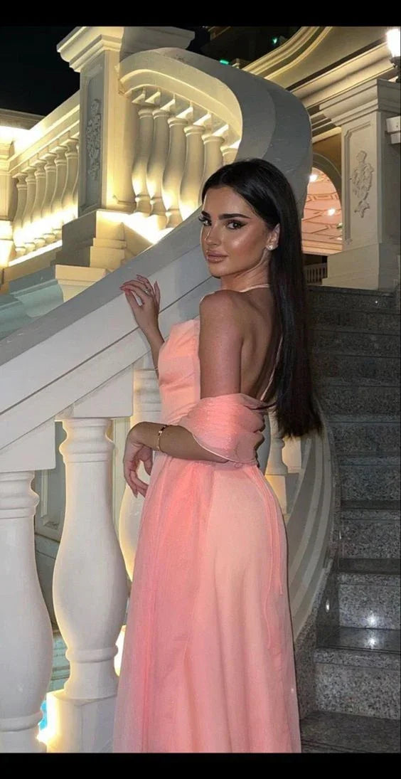 Vestido longo cor-de-rosa para baile, sem mangas, com alças ao pescoço, sensual, para festa e noite Y7523
