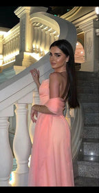 Vestido longo cor-de-rosa para baile, sem mangas, com alças ao pescoço, sensual, para festa e noite Y7523