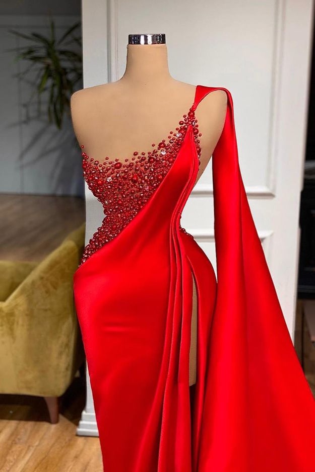 High Slit One Shoulder Scarlet Siren Mermaid Prom Dress with Beads