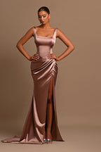 Bmbridal Satin Mermaid Prom Dress With Straps And Front Slit