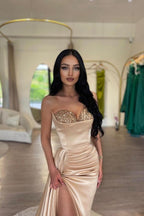Champagne Mermaid Prom Dress Sleeveless Split Front Beading Sweetheart Neckline