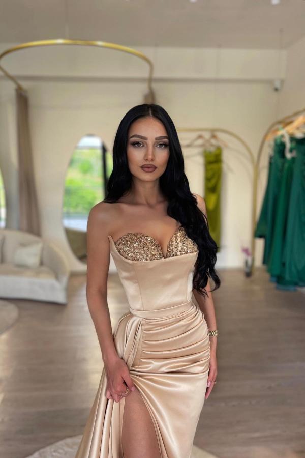 Champagne Mermaid Prom Dress Sleeveless Split Front Beading Sweetheart Neckline