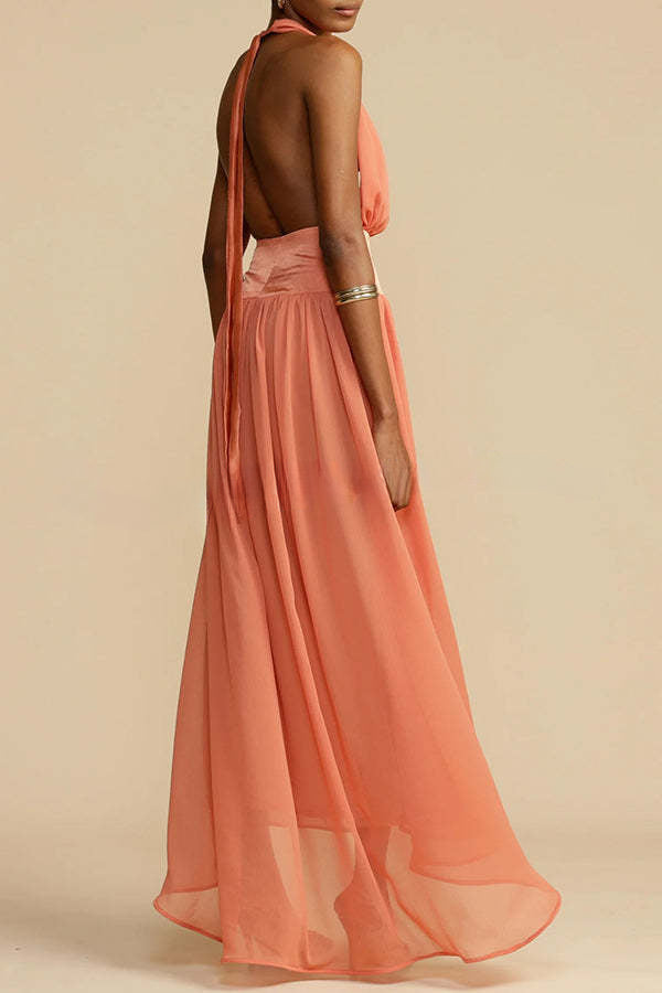 Femininity and Elegance Tulle Halter Neck Backless Maxi Dress