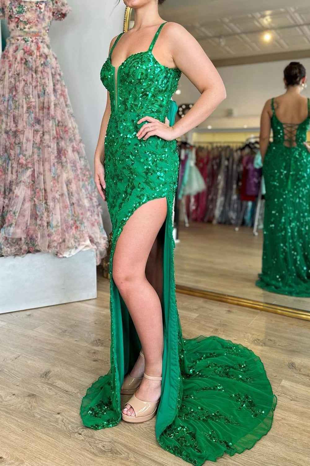 Sparkly Blue Sheath Sequins Long Prom Dress With Slit