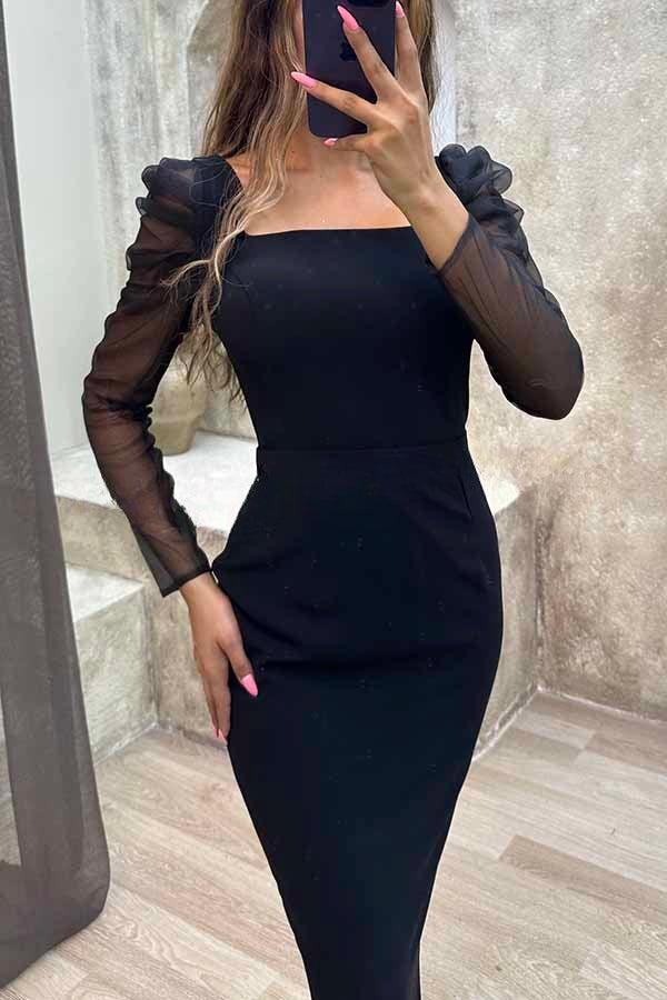 Composed Charm – Formales Midikleid mit Netzärmeln und quadratischem Ausschnitt 