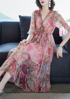 Abito lungo estivo in chiffon stampato rosa bohemien con scollo a V