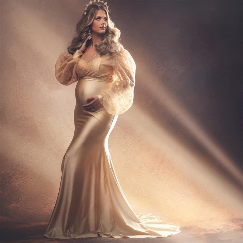 Elegant mermaid satin maternity wear detachable pink puff sleeve one-shoulder maternity evening dress photo