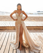 Elegant Side Train Mermaid Wedding Dress With Spaghetti Straps Lace Appliques
