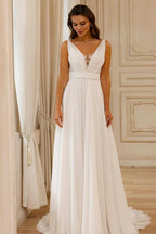 Chiffon A Line V Neck Sleeveless Wedding Dress With Open Back