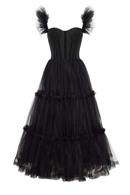 Vestido de fiesta de tul con volantes y corsé en forma de A