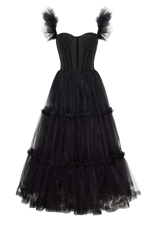 Vestido de fiesta de tul con volantes y corsé en forma de A