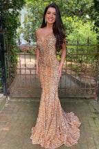 Sparkly Gold Sequin Strapless Sweetheart Mermaid Prom Dress