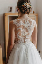 Tulle Bateau Sleeveless A Line Wedding Dress With Lace Overlay