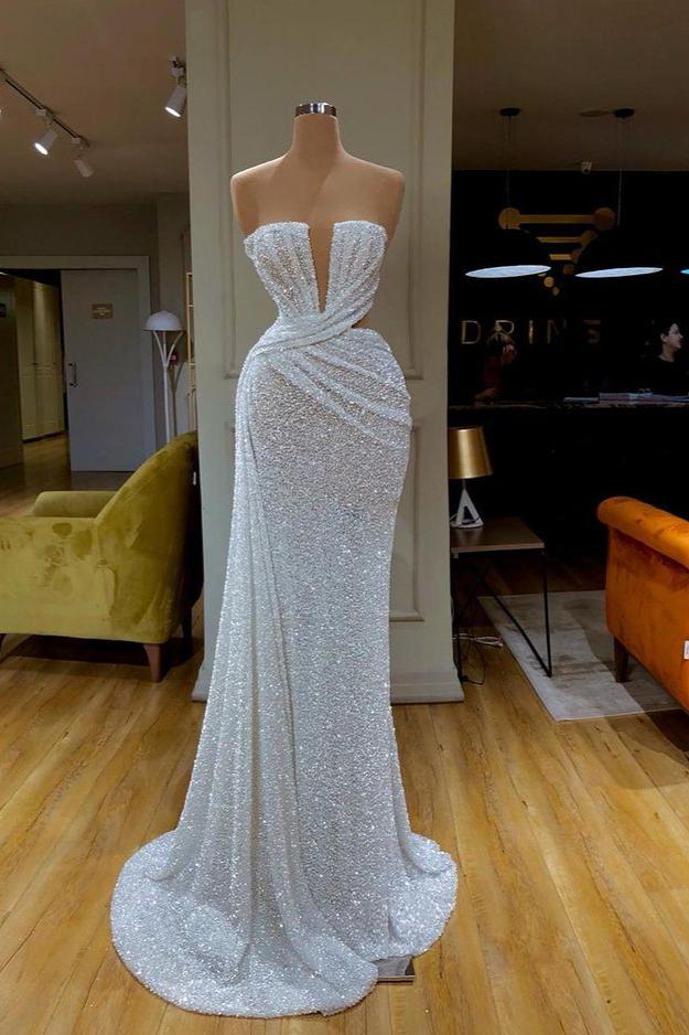 Sequins Gorgeous Sleeveless White Strapless Prom Dress With Pleated Skirt