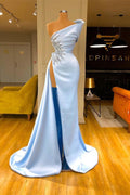 Sky Blue Long Mermaid One Shoulder Sleeveless Front Slit Prom Dress With Beads