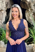 V Neck Split Front Chiffon Long Evening Dress with Elegant Appliques Lace