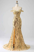 Sparkly Gold Off Shoulder Mermaid Sequin Long Prom Dress With Slit