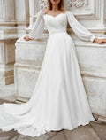 Robes de mariée d'automne pour la plage, ligne A, épaules dénudées, manches longues, traîne courte, robes nuptiales en mousseline avec appliques, couleur unie