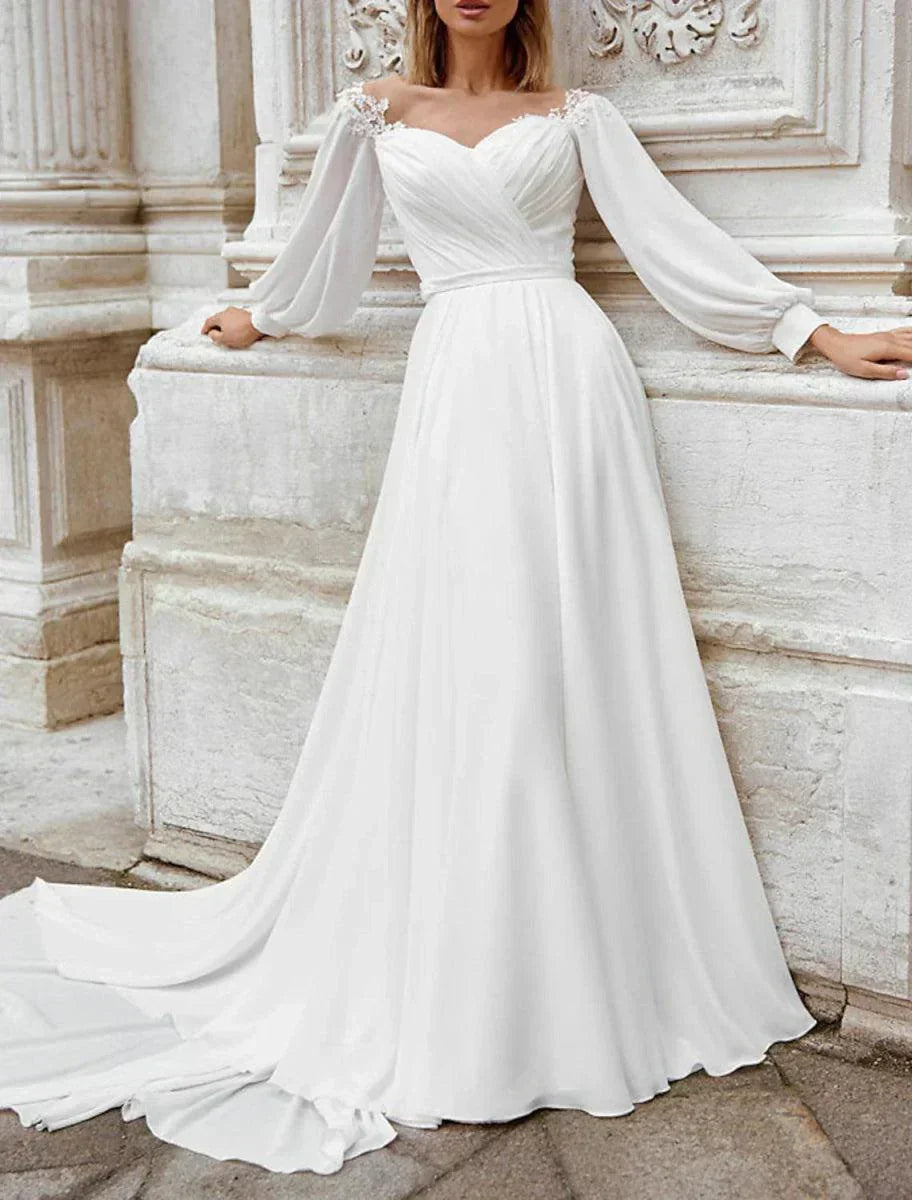 Robes de mariée d'automne pour la plage, ligne A, épaules dénudées, manches longues, traîne courte, robes nuptiales en mousseline avec appliques, couleur unie