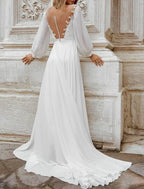Robes de mariée d'automne pour la plage, ligne A, épaules dénudées, manches longues, traîne courte, robes nuptiales en mousseline avec appliques, couleur unie