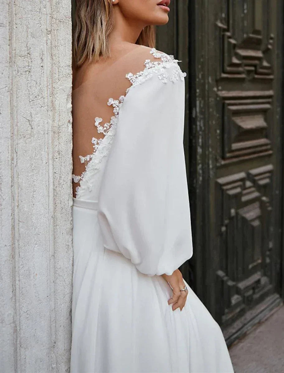 Robes de mariée d'automne pour la plage, ligne A, épaules dénudées, manches longues, traîne courte, robes nuptiales en mousseline avec appliques, couleur unie