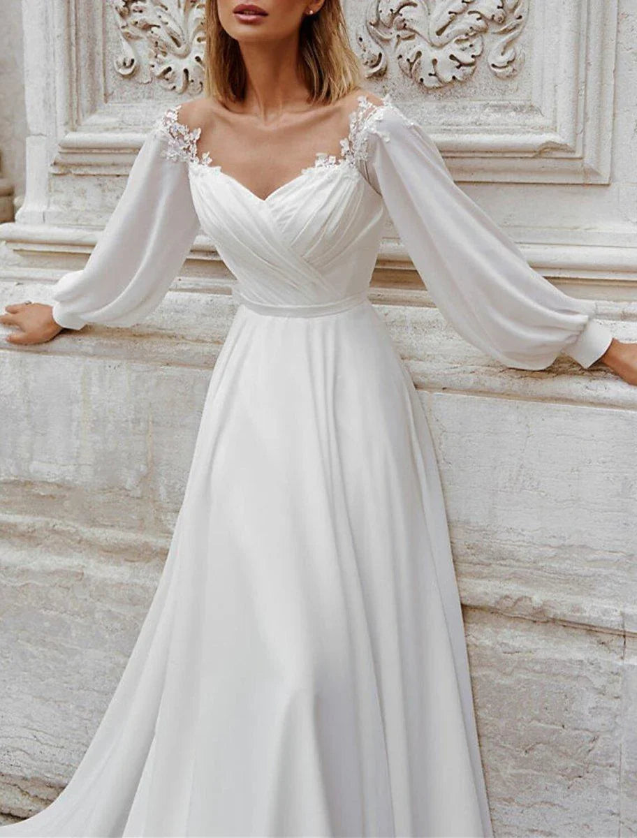 Robes de mariée d'automne pour la plage, ligne A, épaules dénudées, manches longues, traîne courte, robes nuptiales en mousseline avec appliques, couleur unie