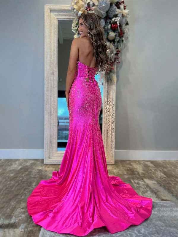 Hot Pink Mermaid Strapless Prom Dress Beaded With Lace Up Back