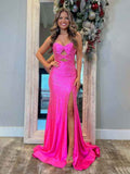 Hot Pink Mermaid Strapless Prom Dress Beaded With Lace Up Back