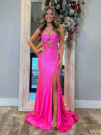 Hot Pink Mermaid Strapless Prom Dress Beaded With Lace Up Back