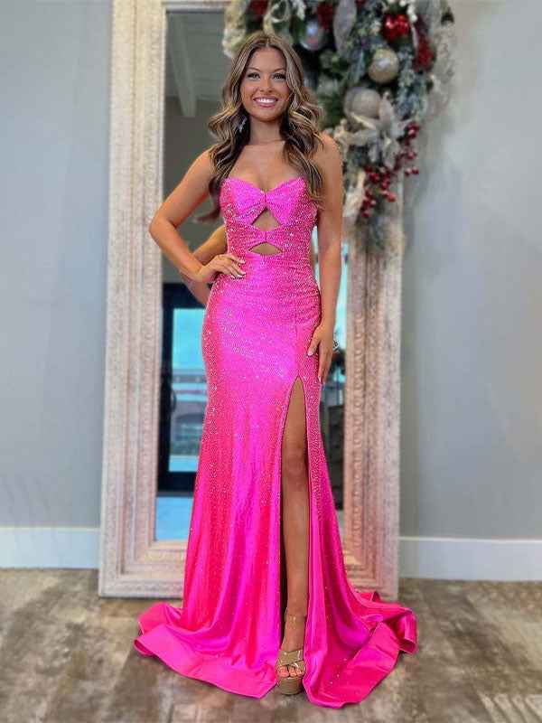 Hot Pink Mermaid Strapless Prom Dress Beaded With Lace Up Back