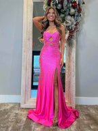 Hot Pink Mermaid Strapless Prom Dress Beaded With Lace Up Back