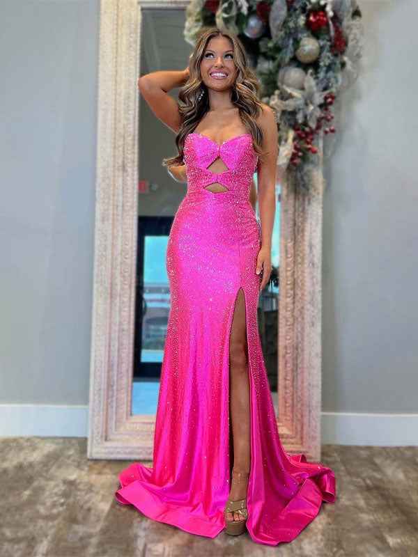 Hot Pink Mermaid Strapless Prom Dress Beaded With Lace Up Back